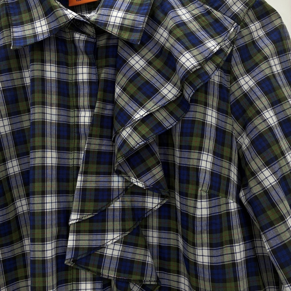 Tory Burch Tartan Plaid Button Ruffle Preppy Office Top Shirt Blouse Green 6 - Picture 4 of 7